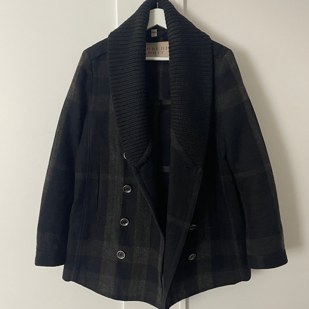 Burberry Brit Black Wool Plaid Pea Coat US 10